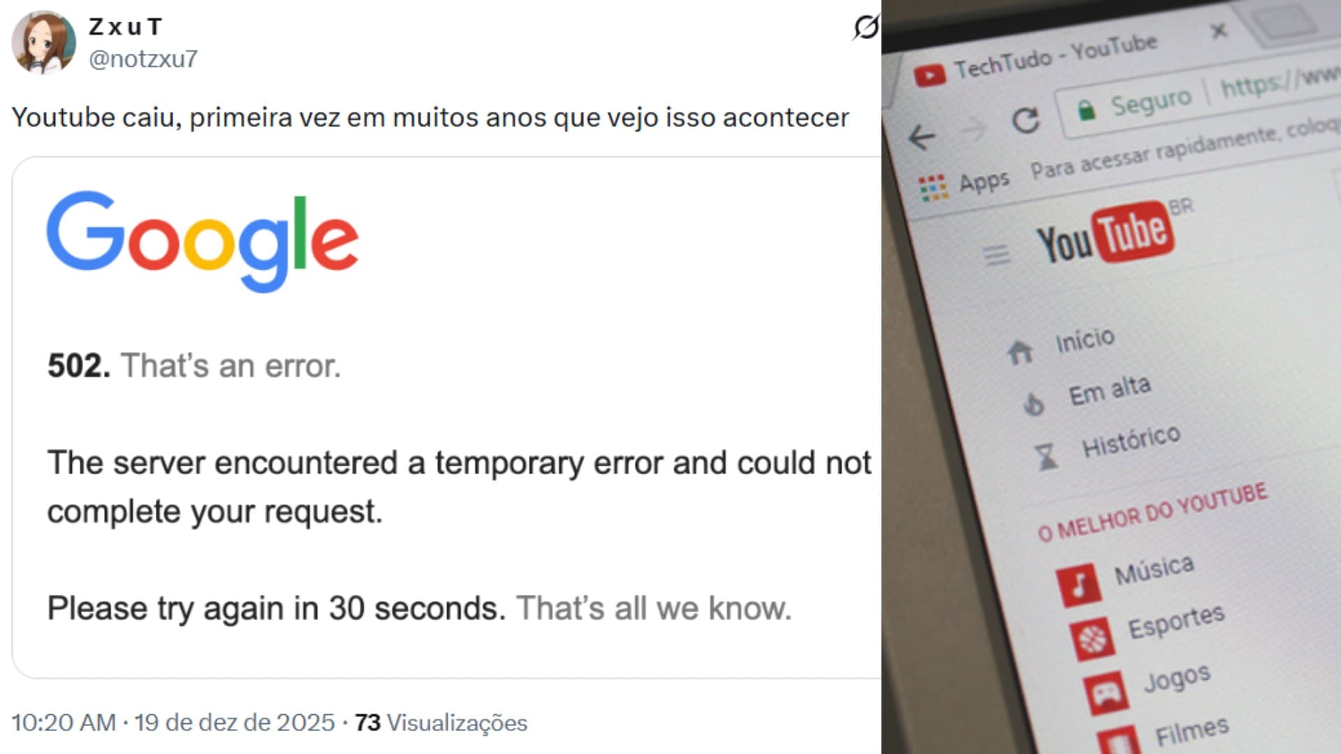 YouTube fora do ar: instabilidade global afeta plataforma nesta sexta (19)