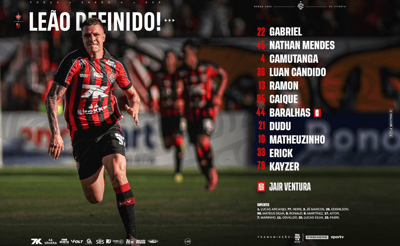 Vitória divulga escalação para clássico contra Flamengo no Barradão