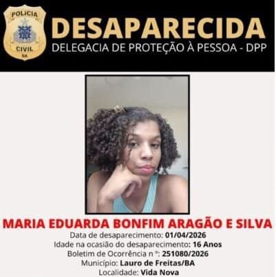 Adolescente desaparecida Lauro de Freitas: jovem de 16 anos some após ir à escola