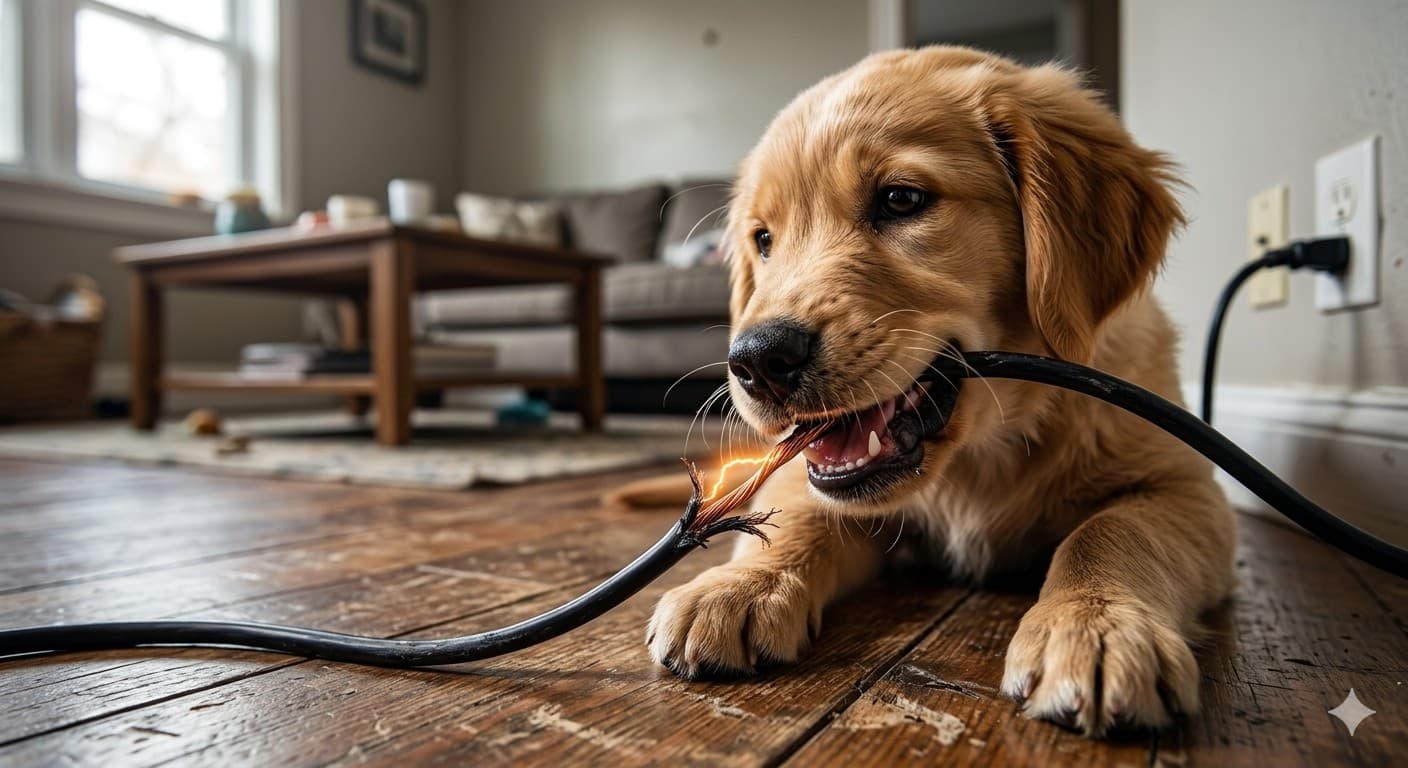 Cachorro roendo cabos: veterinária alerta para risco de choque elétrico e lesões